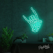 Load image into Gallery viewer, "Rock 'til you drop" Skeleton hand Neon Sign