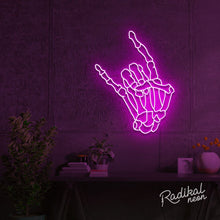 Load image into Gallery viewer, "Rock 'til you drop" Skeleton hand Neon Sign