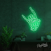 Load image into Gallery viewer, "Rock 'til you drop" Skeleton hand Neon Sign