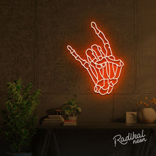 Load image into Gallery viewer, "Rock 'til you drop" Skeleton hand Neon Sign